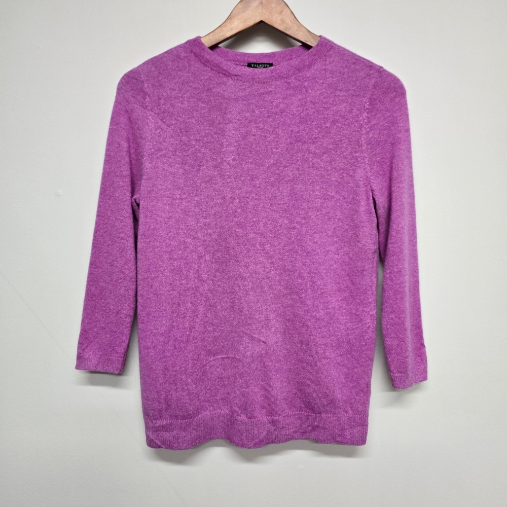 Talbots Crewneck Sweater Womens MP Purple Cashmere 3/4 Sleeve Classic Preppy